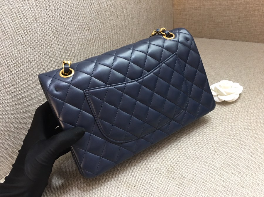 Medium Classic Flap Lambskin Bag AO1112 Dark Blue/Gold